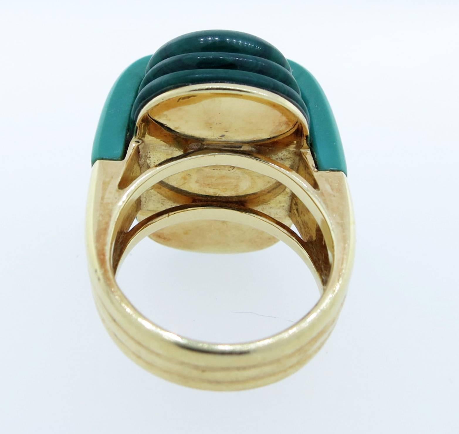 1970s Malachite &  Amazonite Yellow Gold Ring In Excellent Condition In Lambertville, NJ