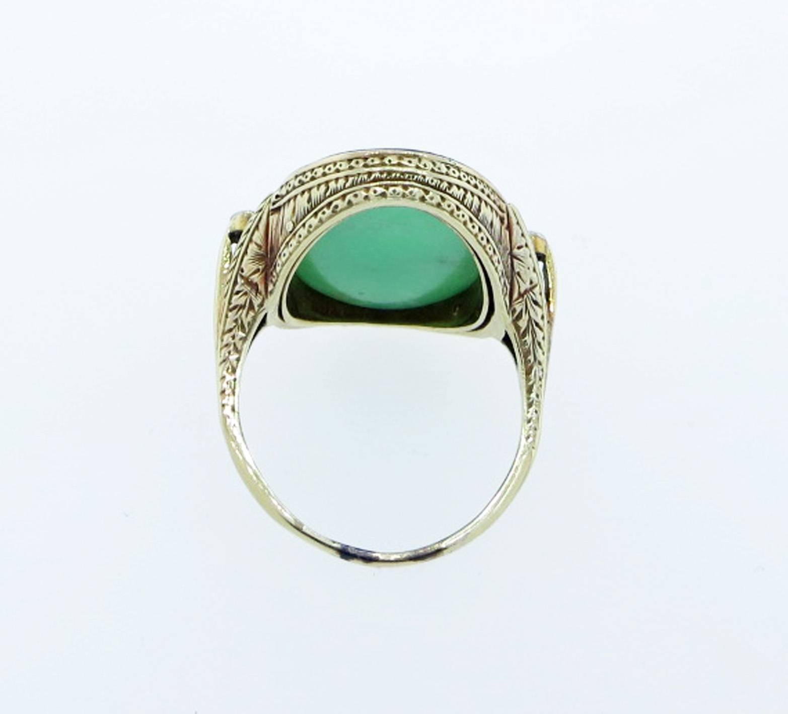 Art Deco Carved Jade Enamel Diamond Gold Ring In Excellent Condition In Lambertville, NJ