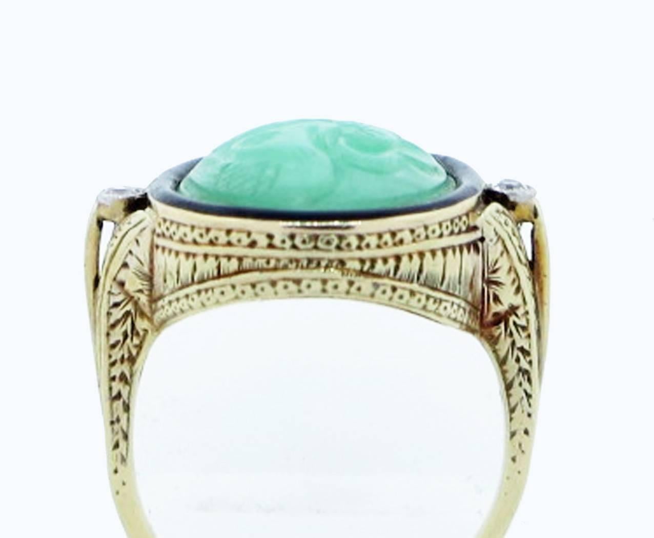 Women's Art Deco Carved Jade Enamel Diamond Gold Ring