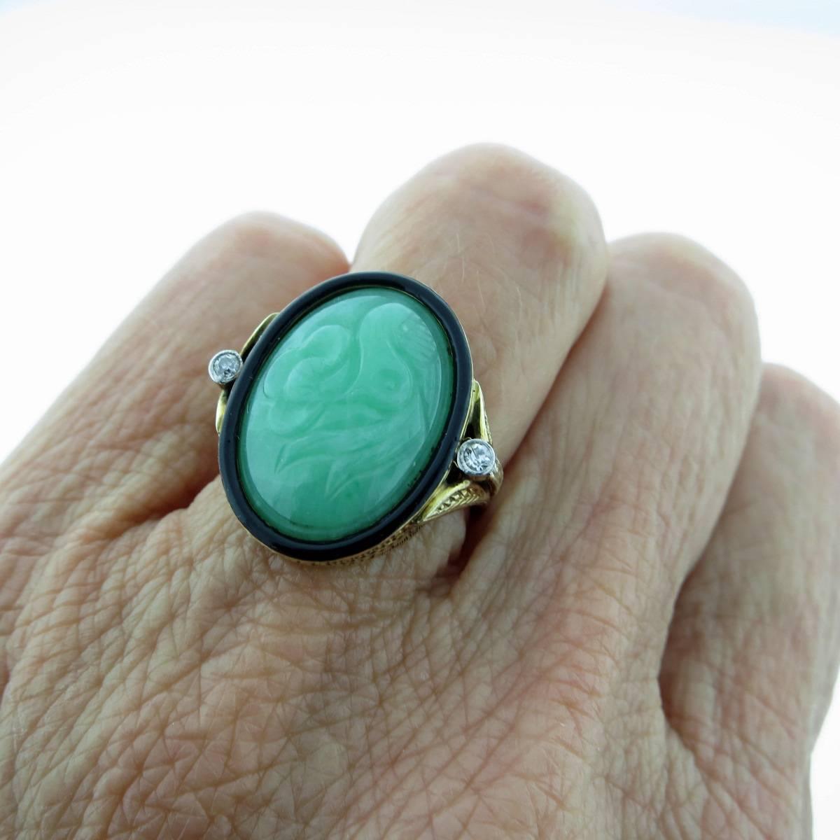 Art Deco Carved Jade Enamel Diamond Gold Ring 1
