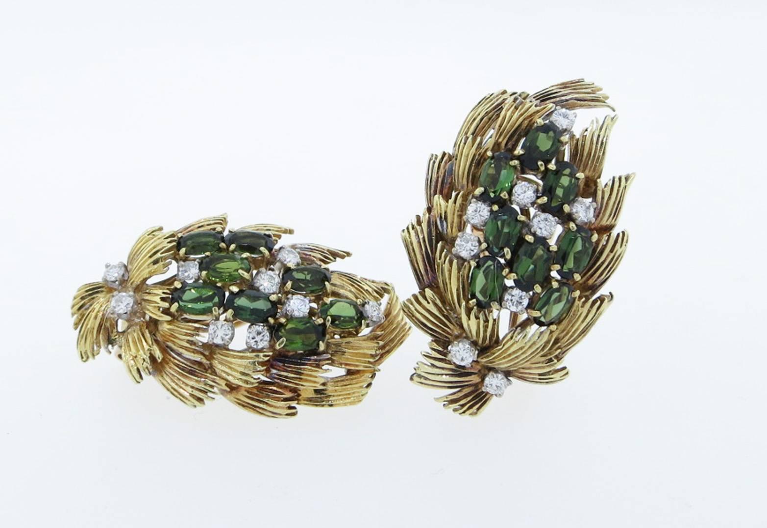 Women's Tailored Wheat Design Tourmaline Diamond Yellow Gold Earrings For Sale