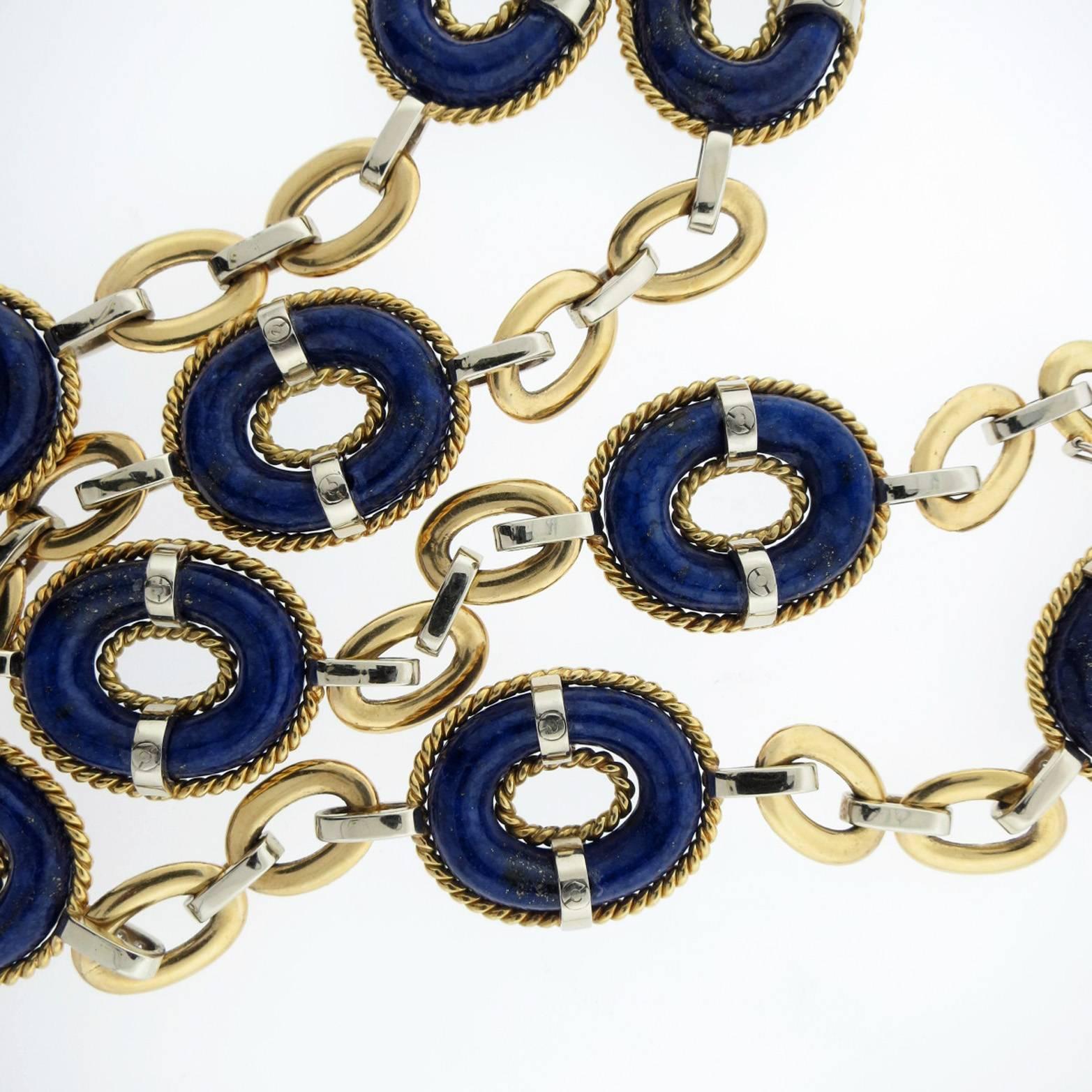 1960 Era Lapis Lazuli Diamond Gold Long Necklace In Excellent Condition In Lambertville, NJ