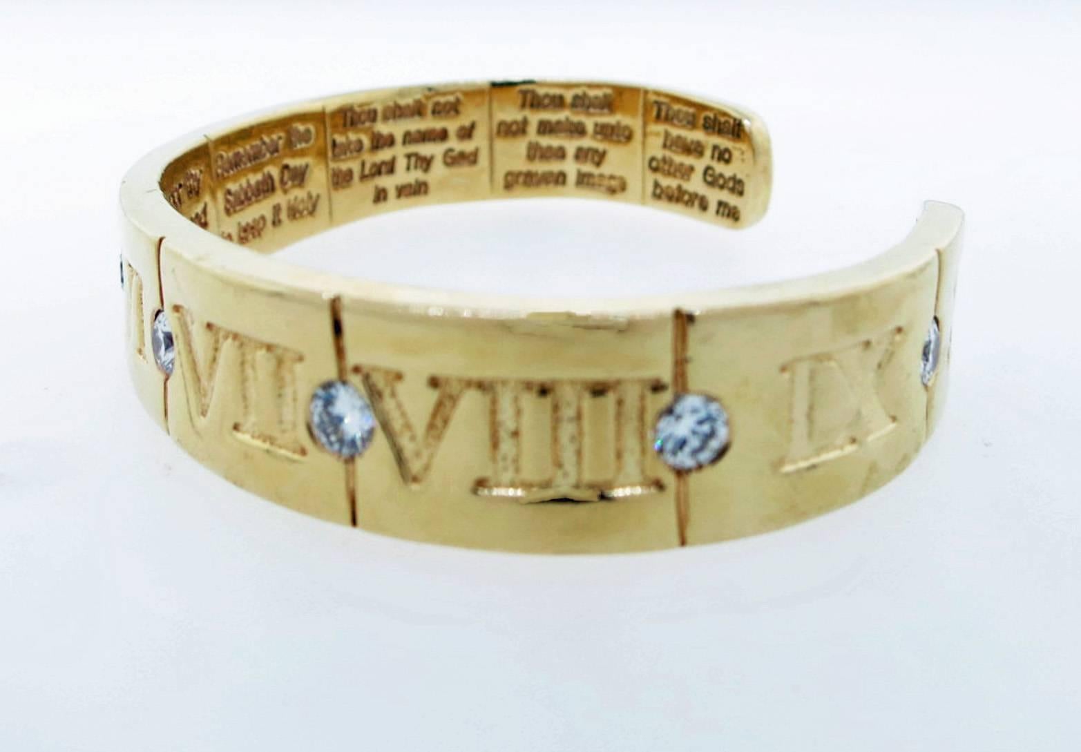 Ten Commandments Diamond Gold Cuff Bracelet In Excellent Condition For Sale In Lambertville, NJ