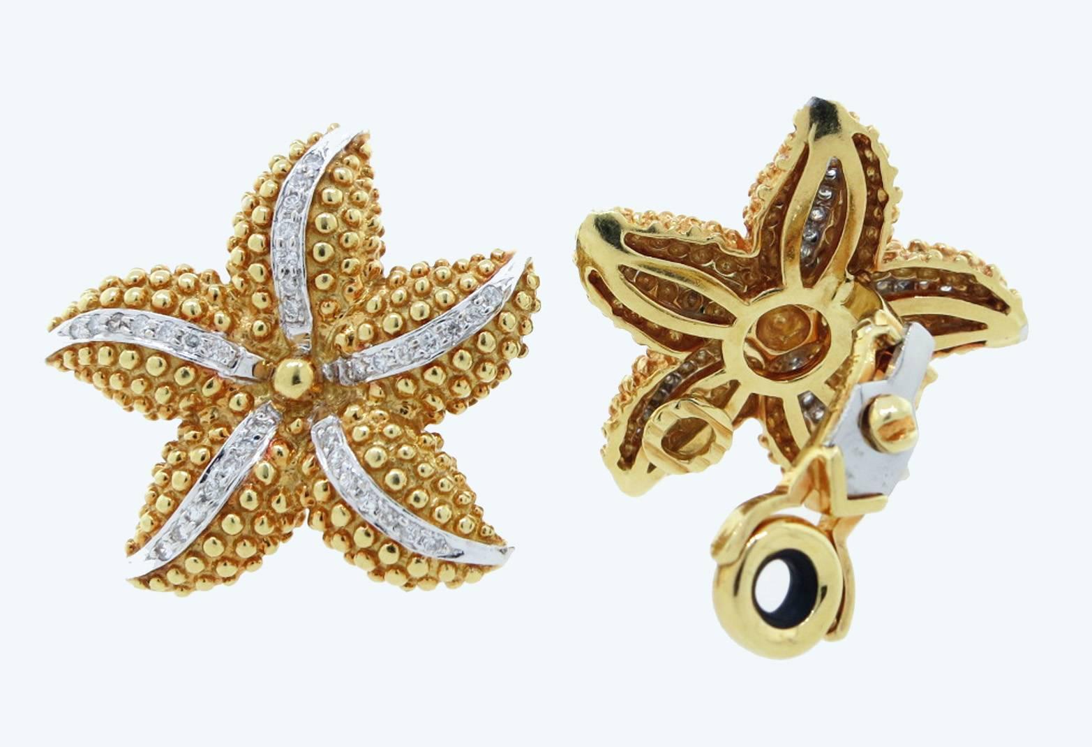 18kt. beautifully engineered yellow gold textured starfish earrings. Each earring is bead set in white gold with 35 round brilliant cut diamonds totaling approx. .50cts.  Each earring measures approx 1.25 inches in length and weigh 30.5 gr. posts