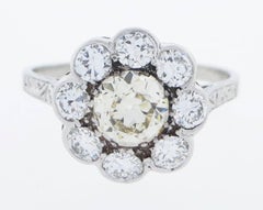 Unique Art Deco Light Fancy and White Diamond Cluster Ring in Platinum