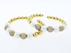 Pair of Diamond Pearl Gold Cuff Bracelets