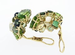 Fine Cluster Peridot, Tourmaline, Moonstone, and Diamond Earrings