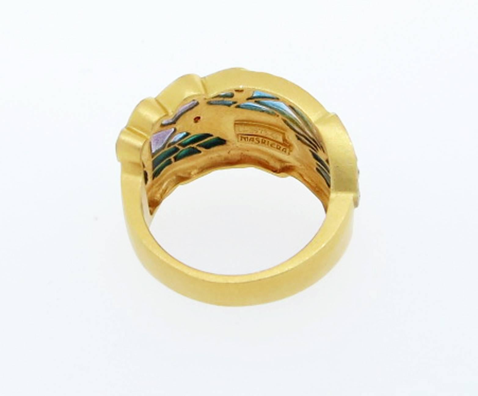 Art Nouveau Masriera Plique à Jour Enamel and Diamond Ring For Sale
