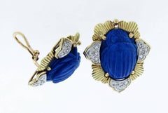 Carved Lapis and Diamond Scarab Earrings