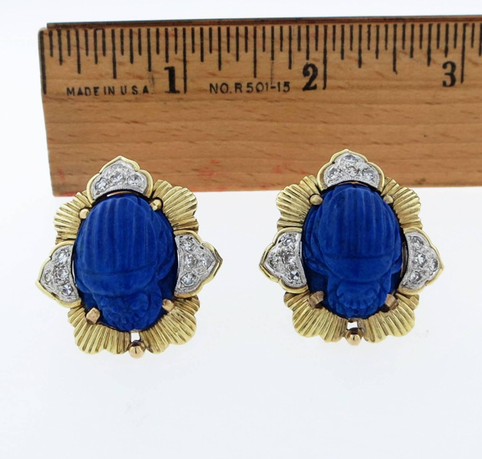 Carved Lapis and Diamond Scarab Earrings In Good Condition For Sale In Lambertville, NJ