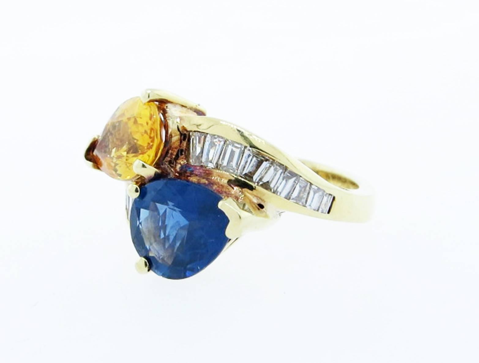 Baguette Cut Gem Color Yellow and Blue Sapphire and Diamond Crossover Ring For Sale