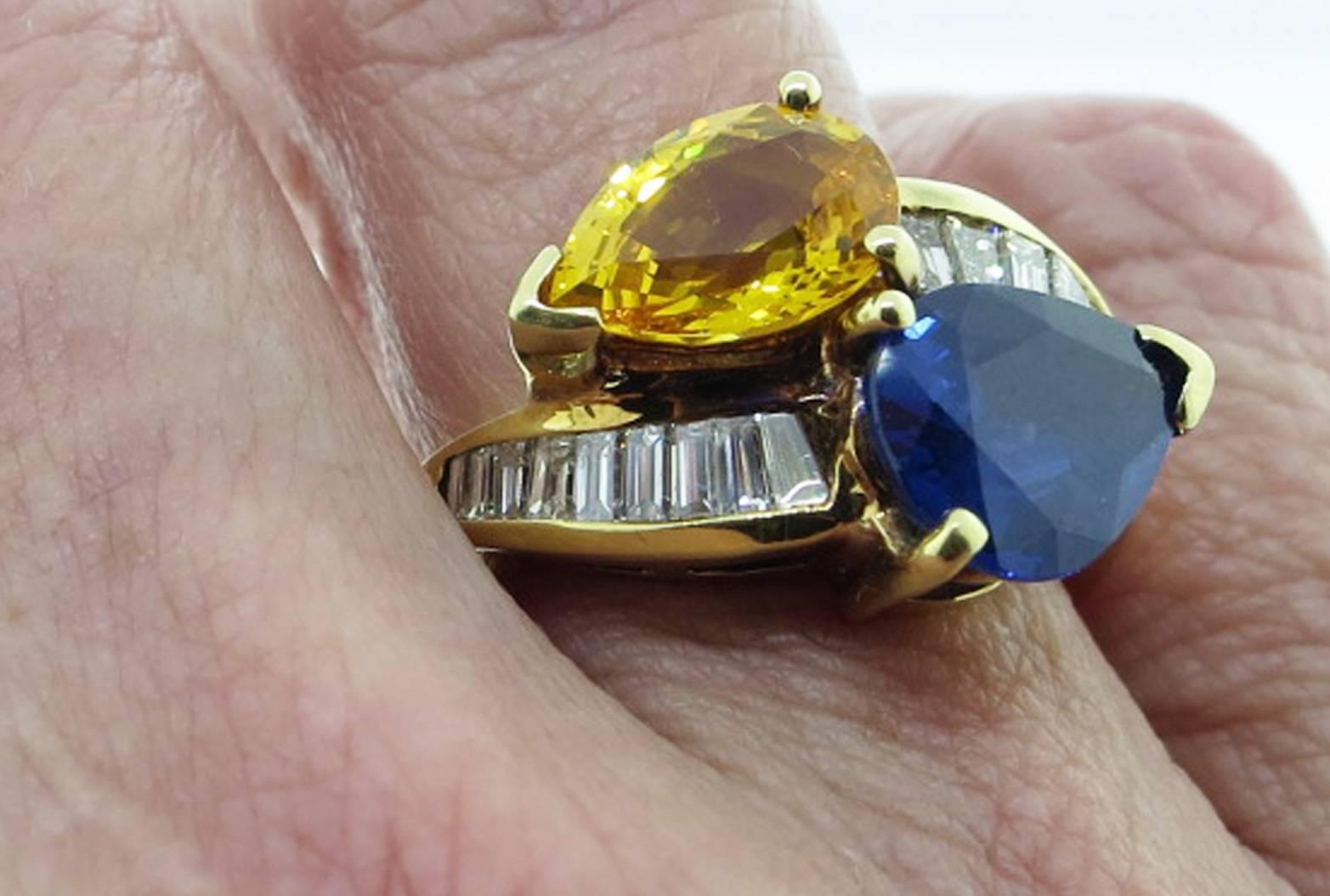 Gem Color Yellow and Blue Sapphire and Diamond Crossover Ring In Excellent Condition For Sale In Lambertville, NJ