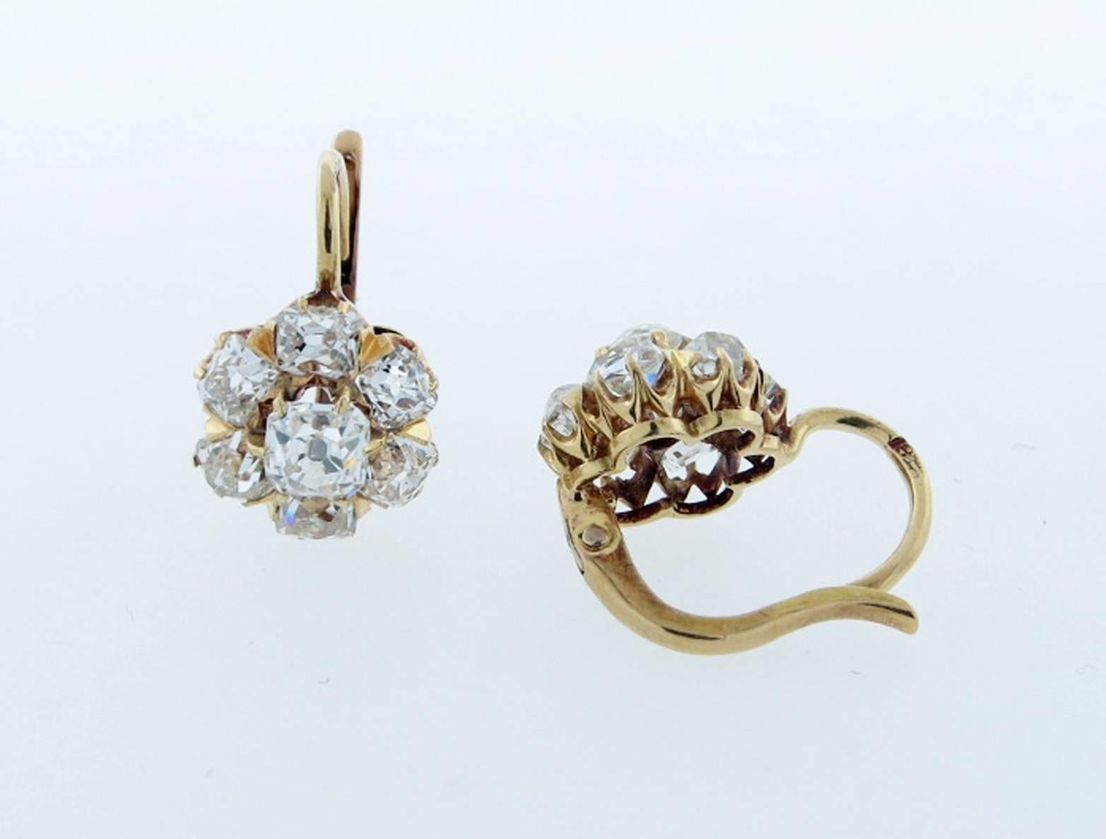 Antique Cushion Cut Diamond Cluster Earrings In Excellent Condition In Lambertville, NJ