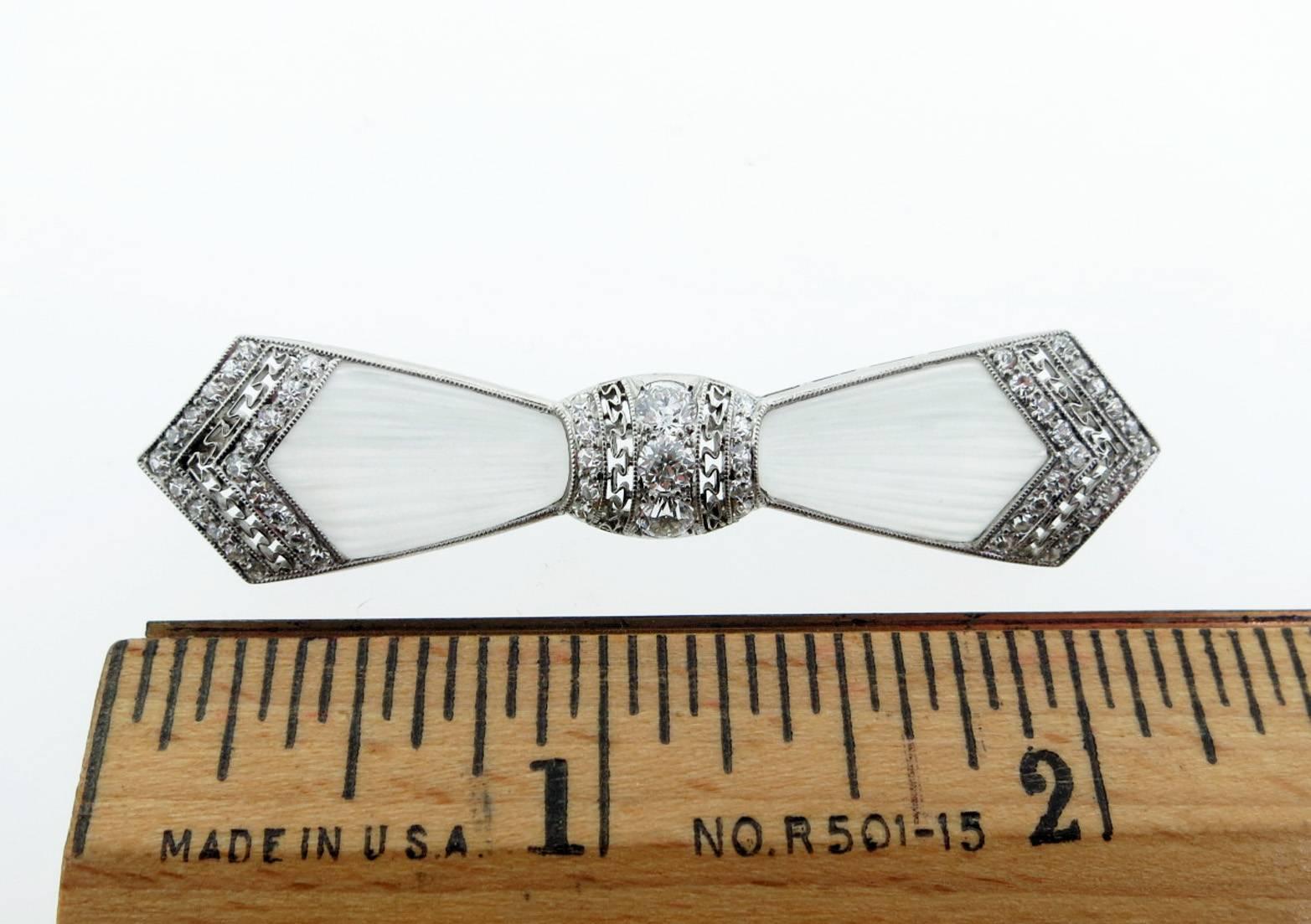 Old European Cut Marcus & Co. Art Deco Platinum Diamond and Carved Crystal Bow Pin For Sale