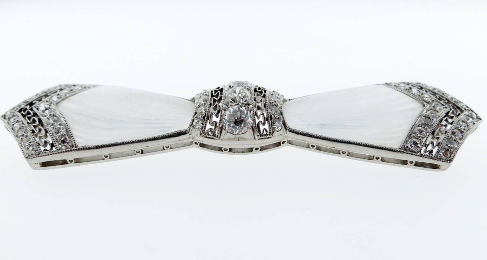 Marcus & Co. Art Deco Platinum Diamond and Carved Crystal Bow Pin In Good Condition For Sale In Lambertville, NJ
