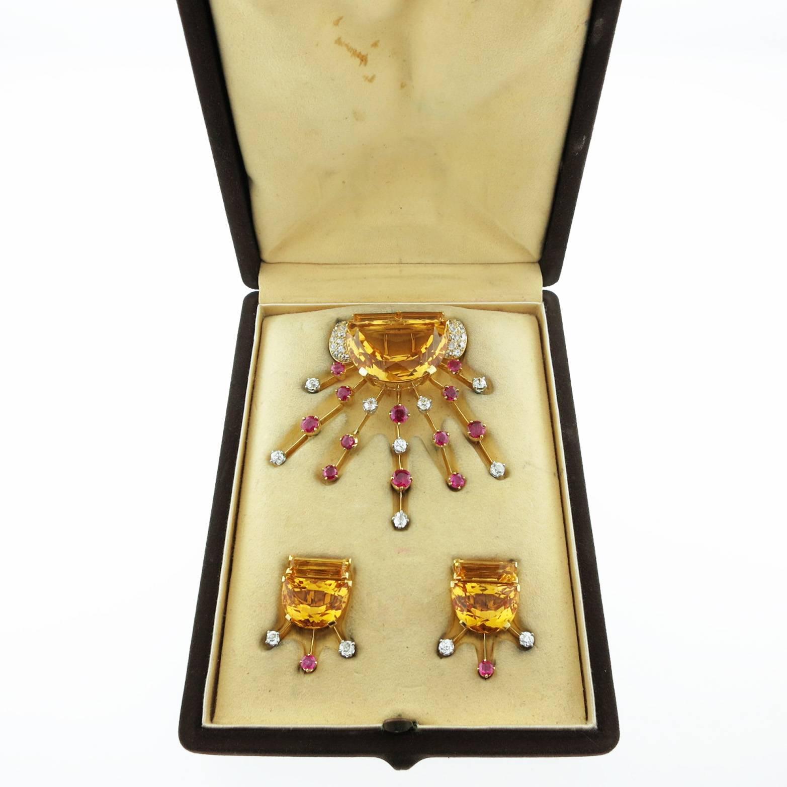 Old European Cut Fantastic 1950s Citrine Ruby and Diamond Brooch and Earring Set For Sale
