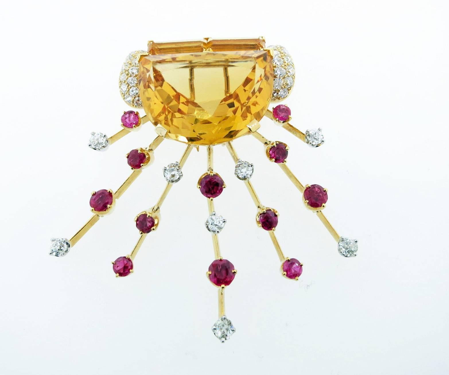 Fantastic 1950s Citrine Ruby and Diamond Brooch and Earring Set In Good Condition For Sale In Lambertville, NJ
