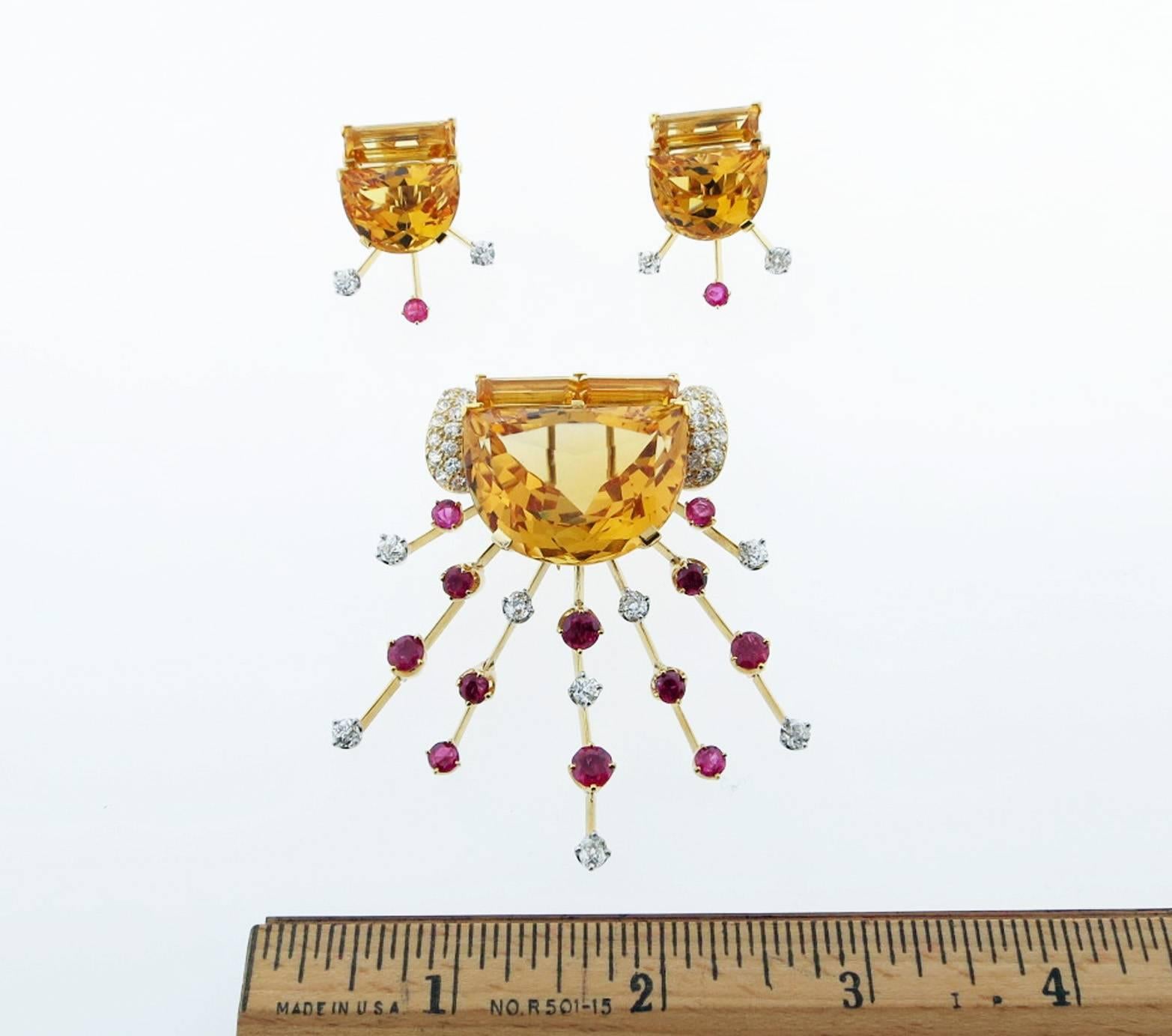 Women's Fantastic 1950s Citrine Ruby and Diamond Brooch and Earring Set For Sale