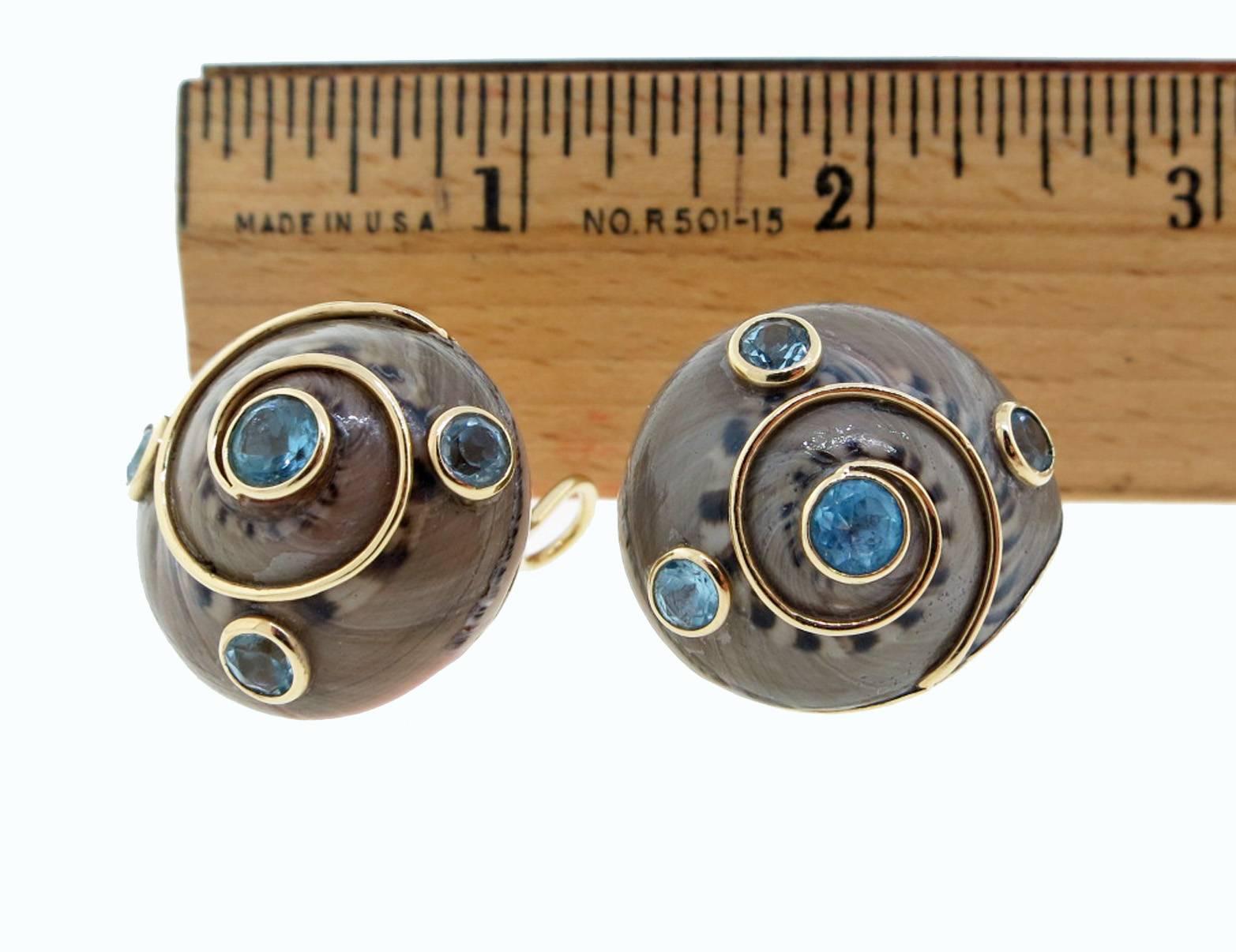 Artisan Maz Natural Sea Shell and Blue Topaz Earrings in 14 Karat Yellow Gold Mounts For Sale