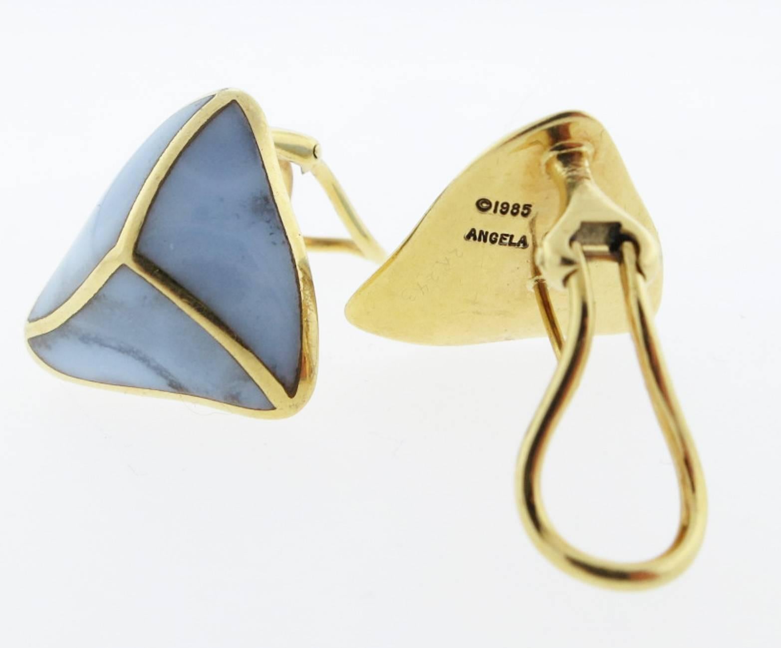 Angelia Cummings 18kt. yellow gold dimensional triangular shape pierced and post back earrings made in 1985.