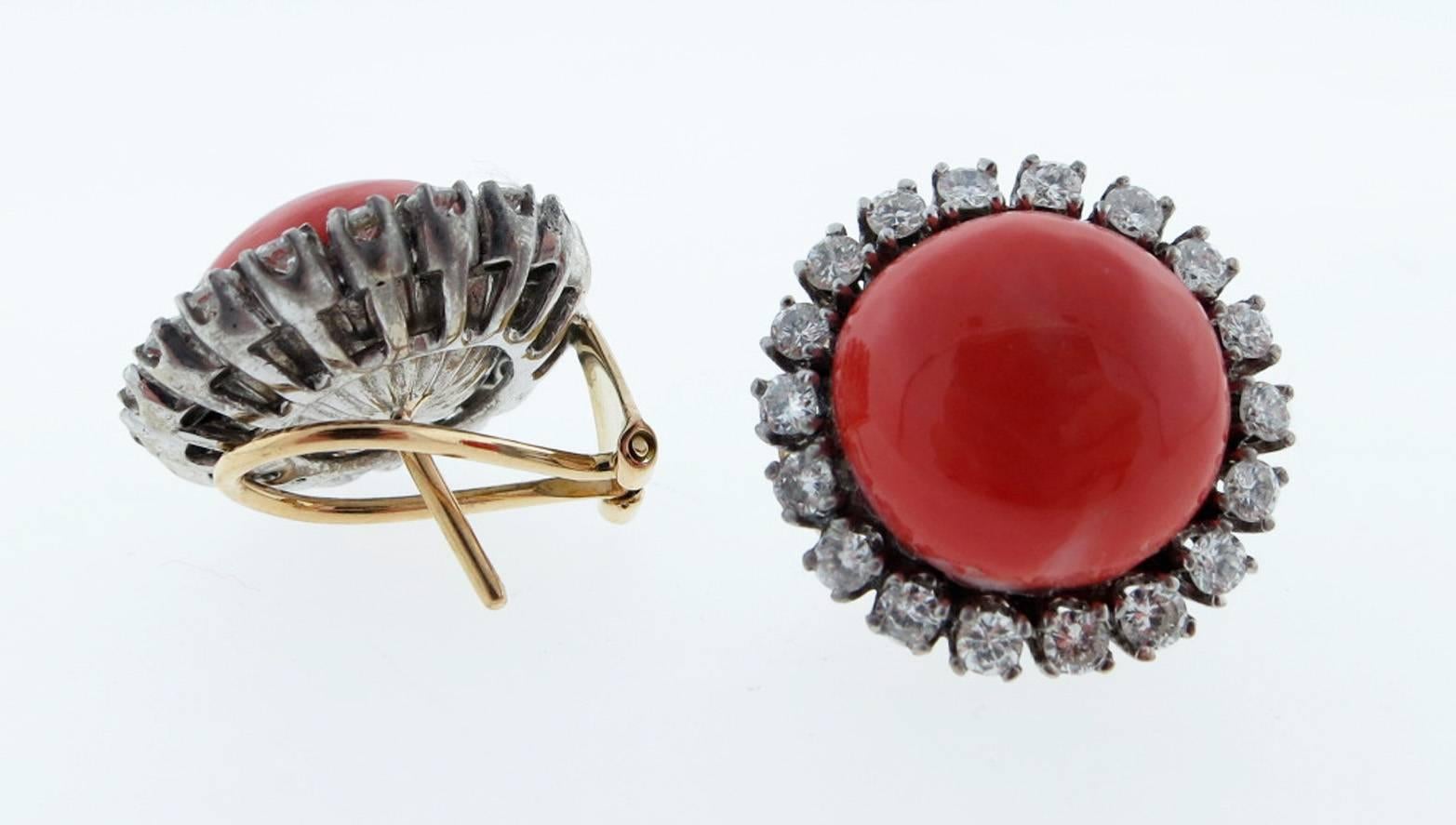 Round Cut 1960s  Natural Coral Button Diamond Earrings  For Sale
