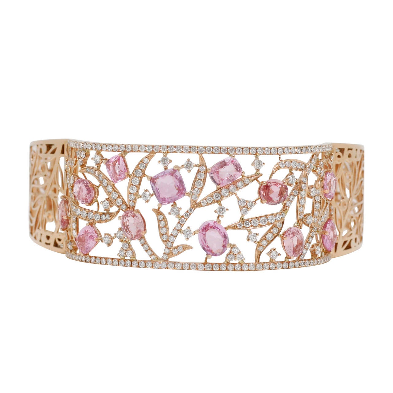 Sapphire Diamond Gold Floral Cuff Bracelet