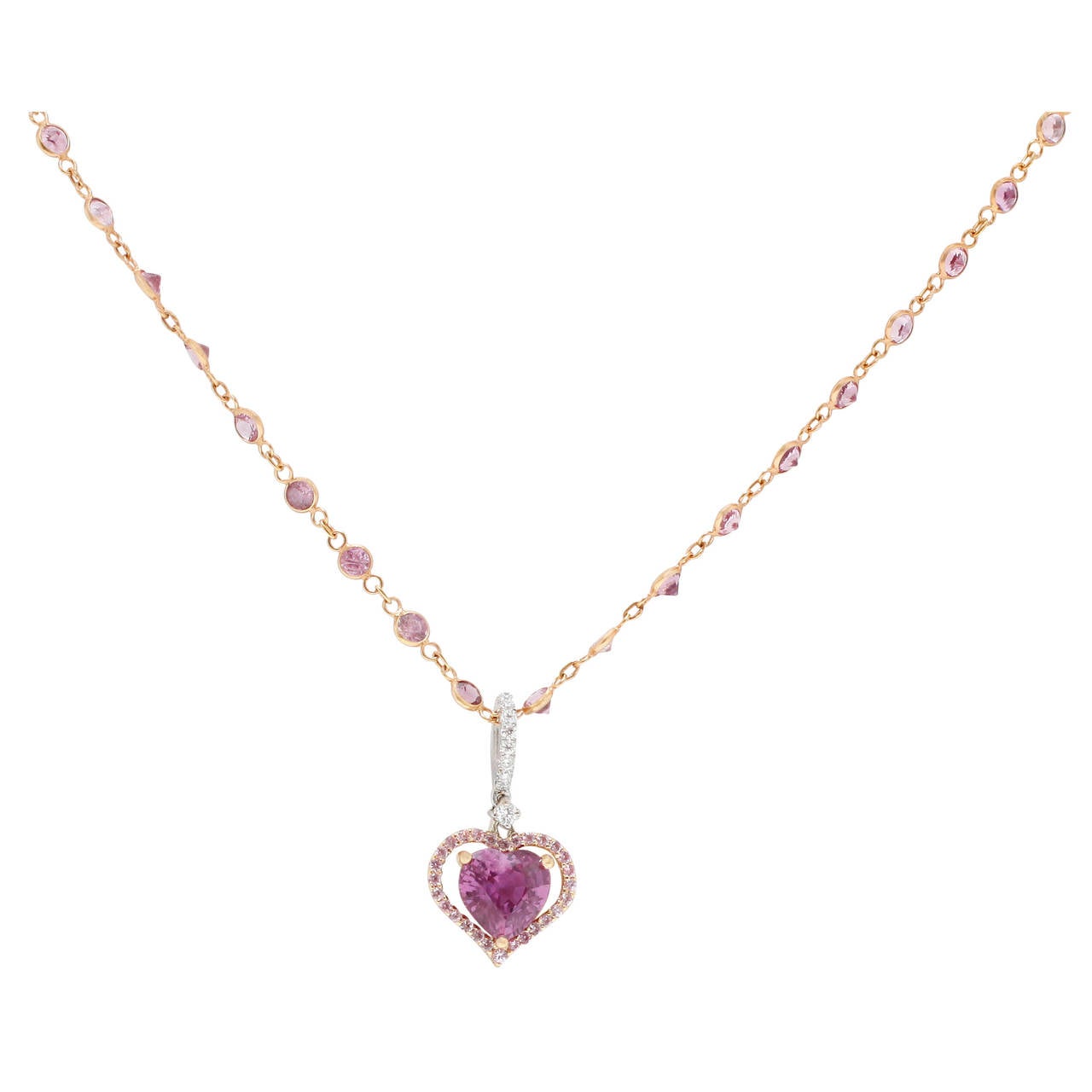 Burdeen's Elegant Pink Sapphire Heart Pendant On A Pink Sapphire Station Chain