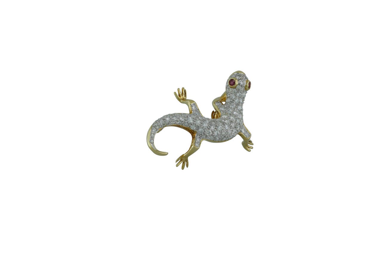 Playful Stylish and Elegant Burdeen's Ruby Diamond Gold Salamander Pin