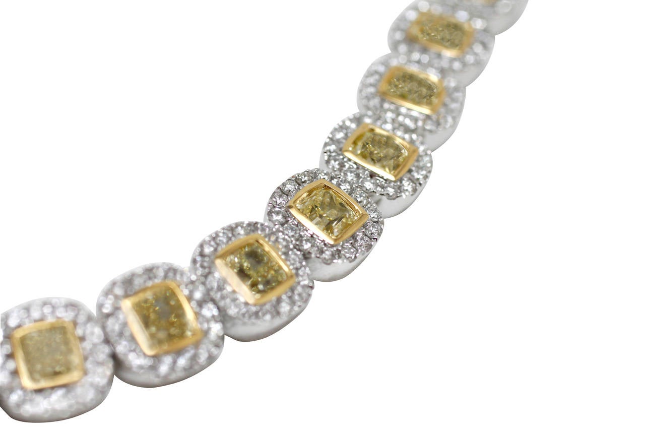 Breathtaking Fancy Yellow Diamond Cushion and Diamond Halo Gold Bracelet