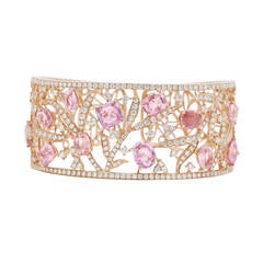 Sapphire Diamond Gold Floral Cuff Bracelet