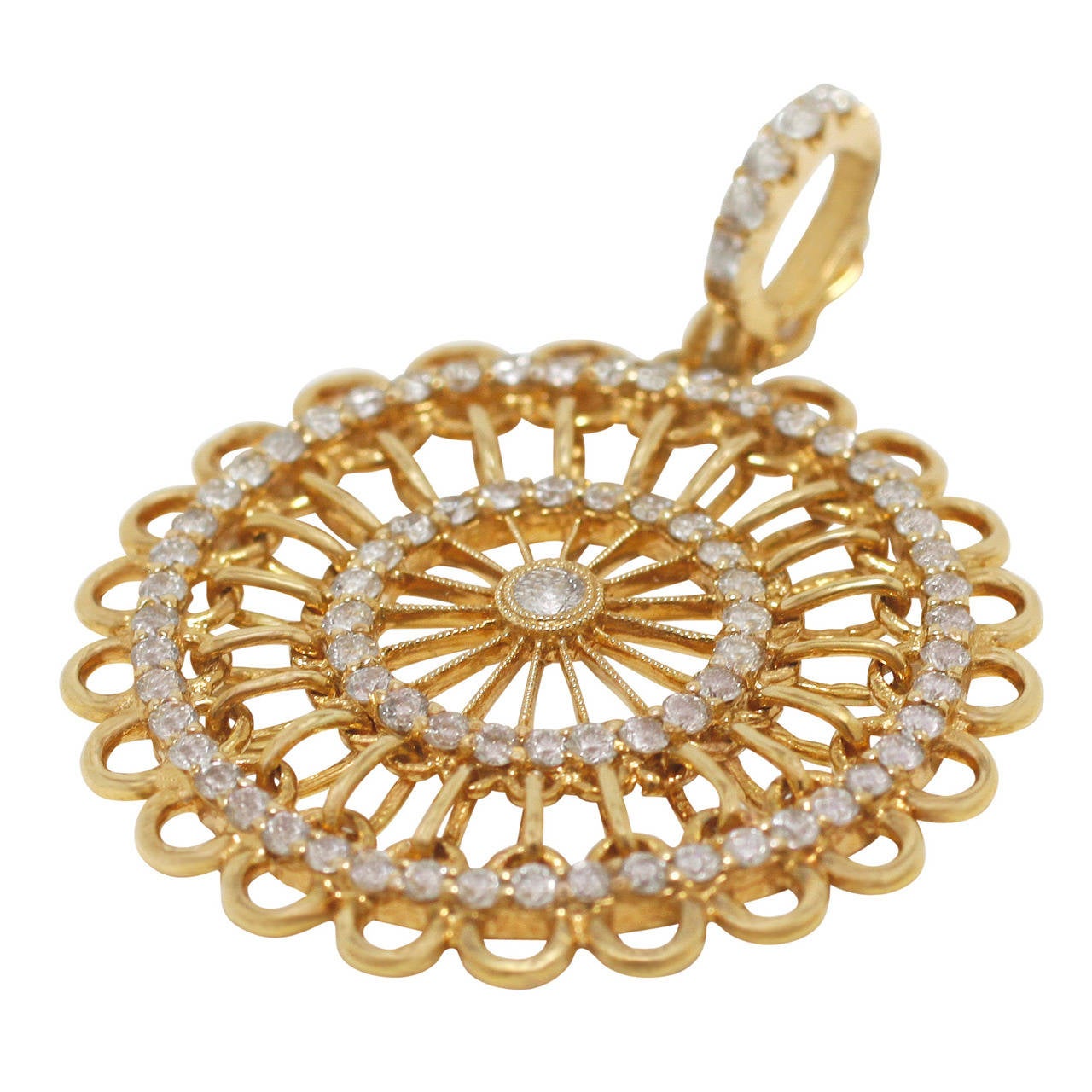 Burdeen's Diamond Gold Round Spindle Pendant For Sale
