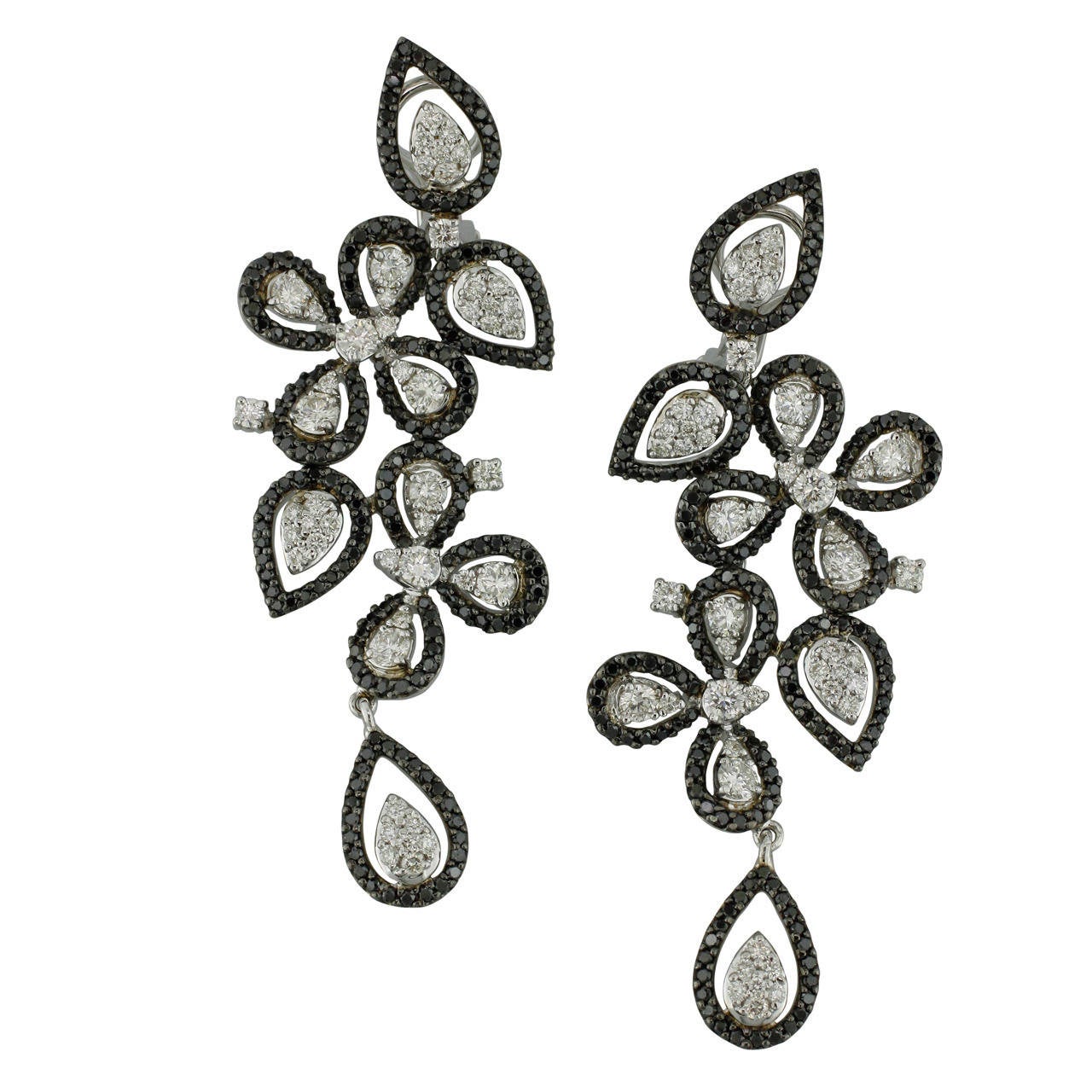 Burdeen's Smashing Gold Long Leaf Tendril Earrings with White and Black Diamonds For Sale