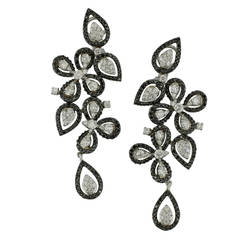 Burdeen's Smashing Gold Long Leaf Tendril Earrings with White and Black Diamonds