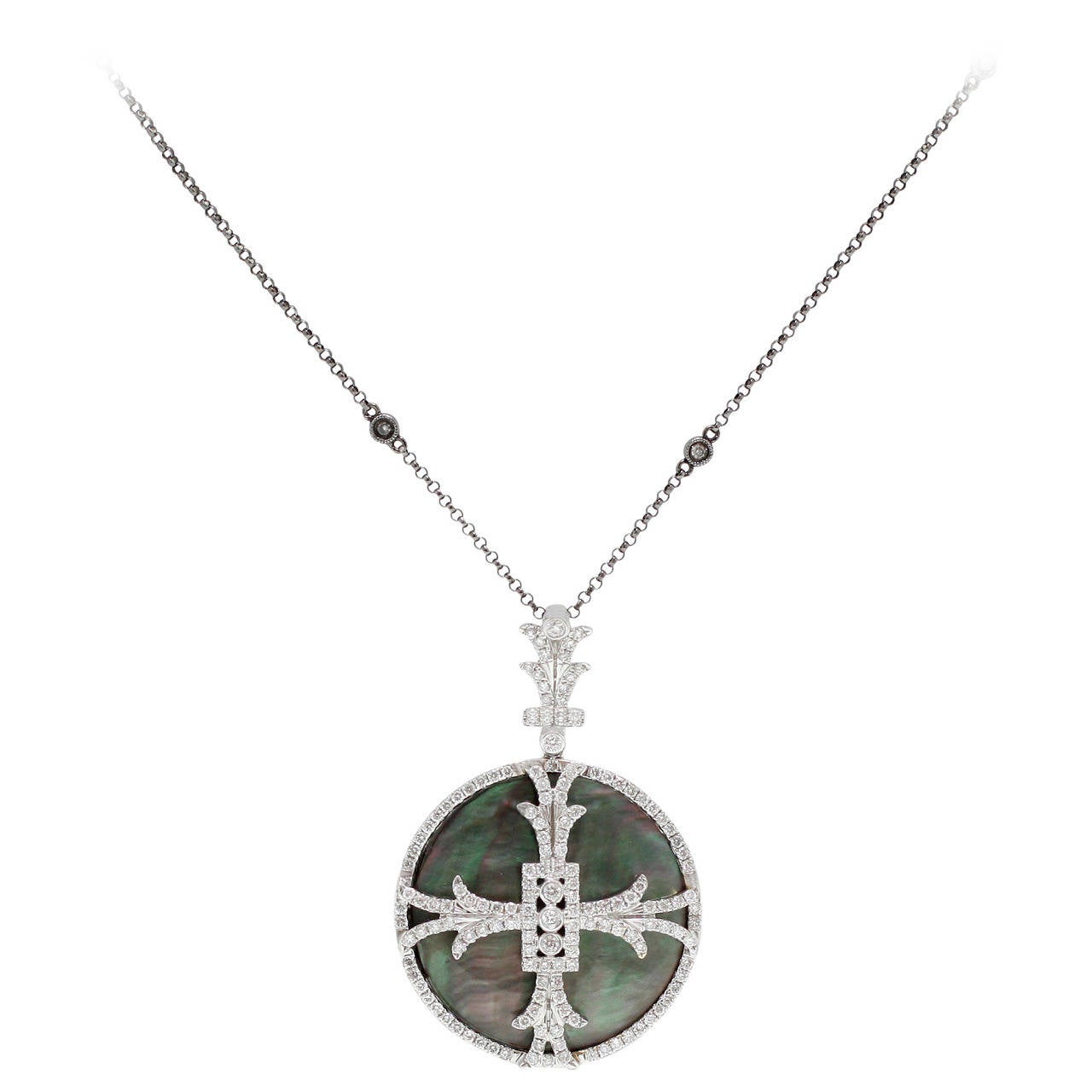 Burdeen's Unique Mother-of-Pearl Diamond Gold Cross Pendant Necklace For Sale