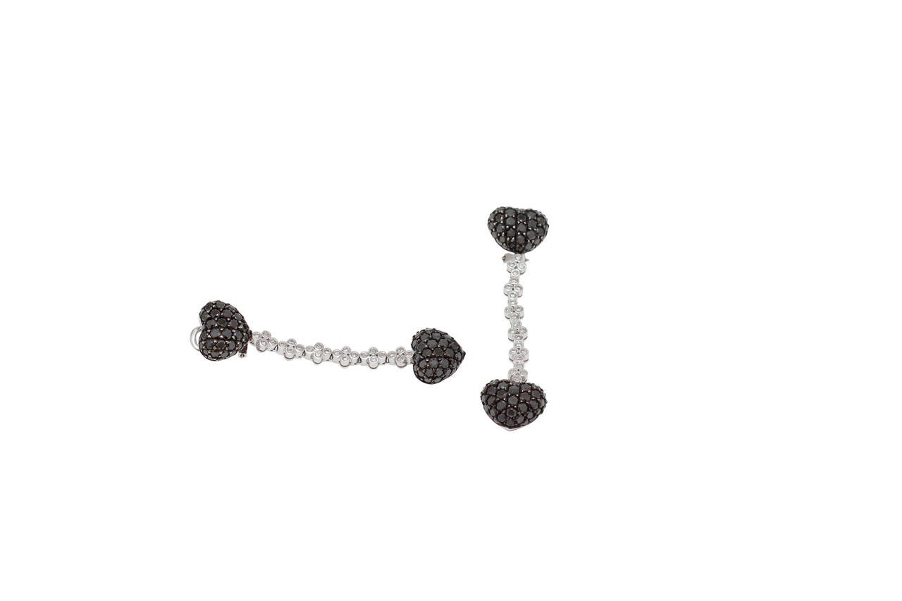 Burdeen's Exquisite Black and White Diamond Gold Heart Dangle Earrings