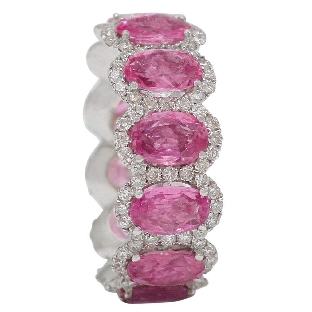Burdeen's Magnificent Oval Pink Sapphire Diamond Halo Eternity Band For Sale