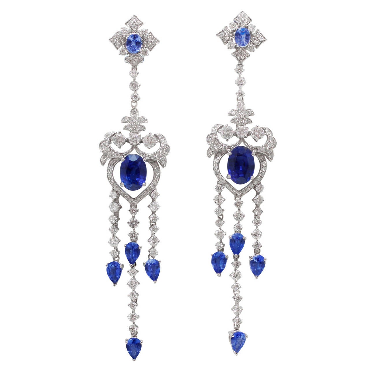 Burdeen's Jewelry Elegant and Ornate Sapphire Diamond Chandelier Earrings For Sale