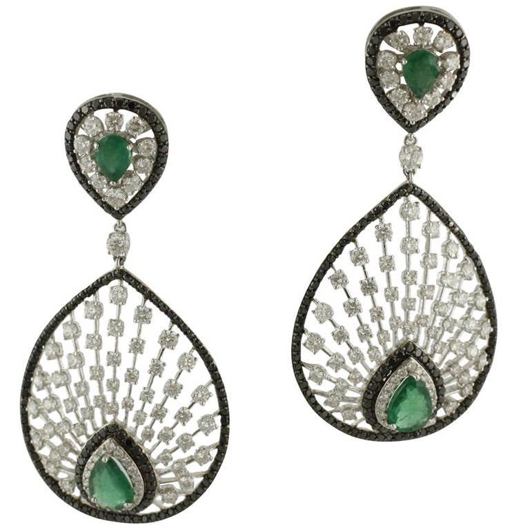 Peacock style Emerald and Diamond earrings For Sale