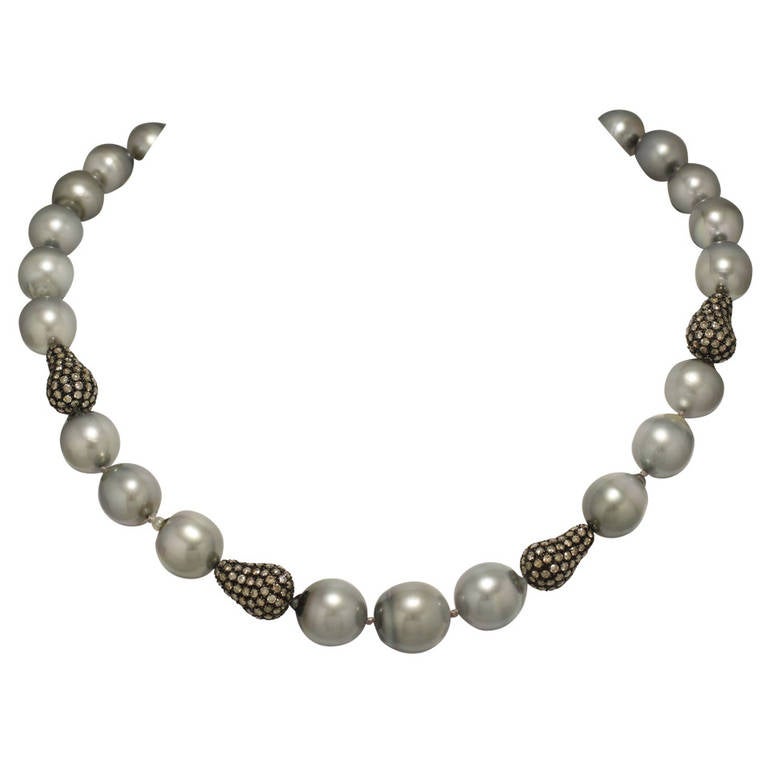 Grey and Blue Baroque pearl and chocolate diamond necklace For Sale