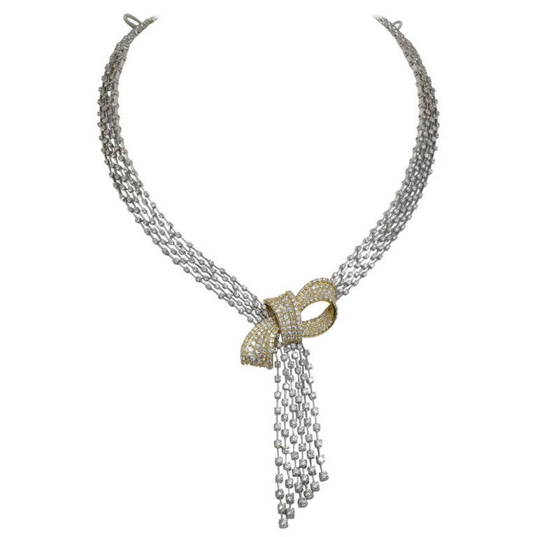 Incredible Diamond Two Tone Gold Waterfall Style Necklace For Sale