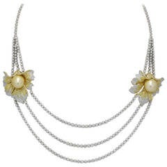 Stunning Golden Pearl Diamond Triple Strand Floral Necklace