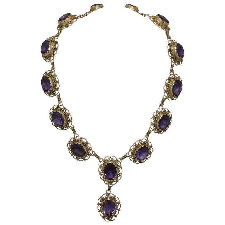 Amethyst Yellow Gold Filigree Necklace For Sale