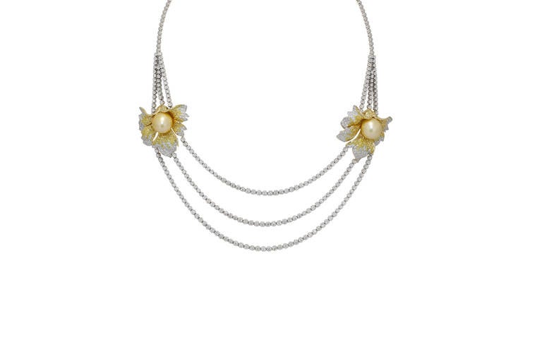 Stunning Golden Pearl Diamond Triple Strand Floral Necklace