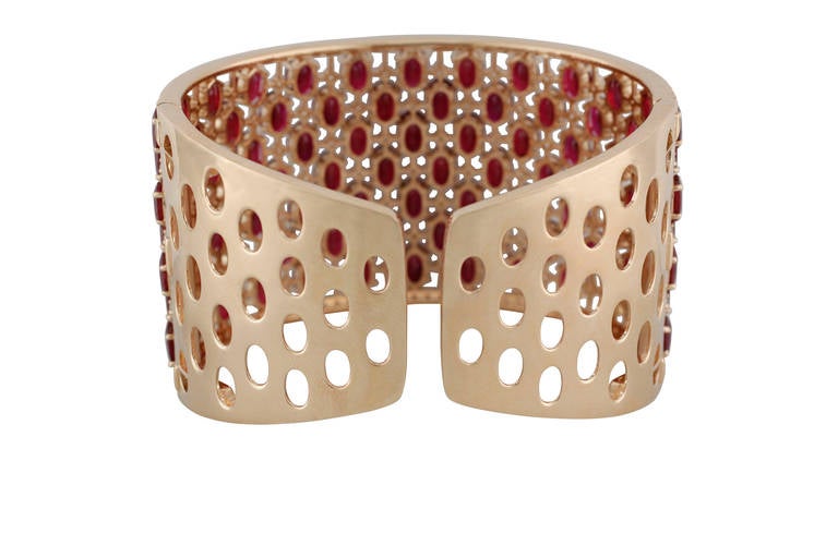 Bold Ruby Diamond Rose Gold Cuff Bracelet In New Condition For Sale In Buffalo Grove, IL
