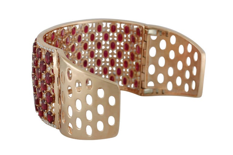 Bold Ruby Diamond Rose Gold Cuff Bracelet For Sale 1