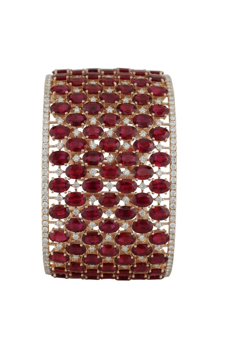 Bold Ruby Diamond Rose Gold Cuff Bracelet For Sale 2