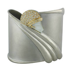 Erte Stainless Steel Mother of Pearl Diamond Gold Cuff Bracelet