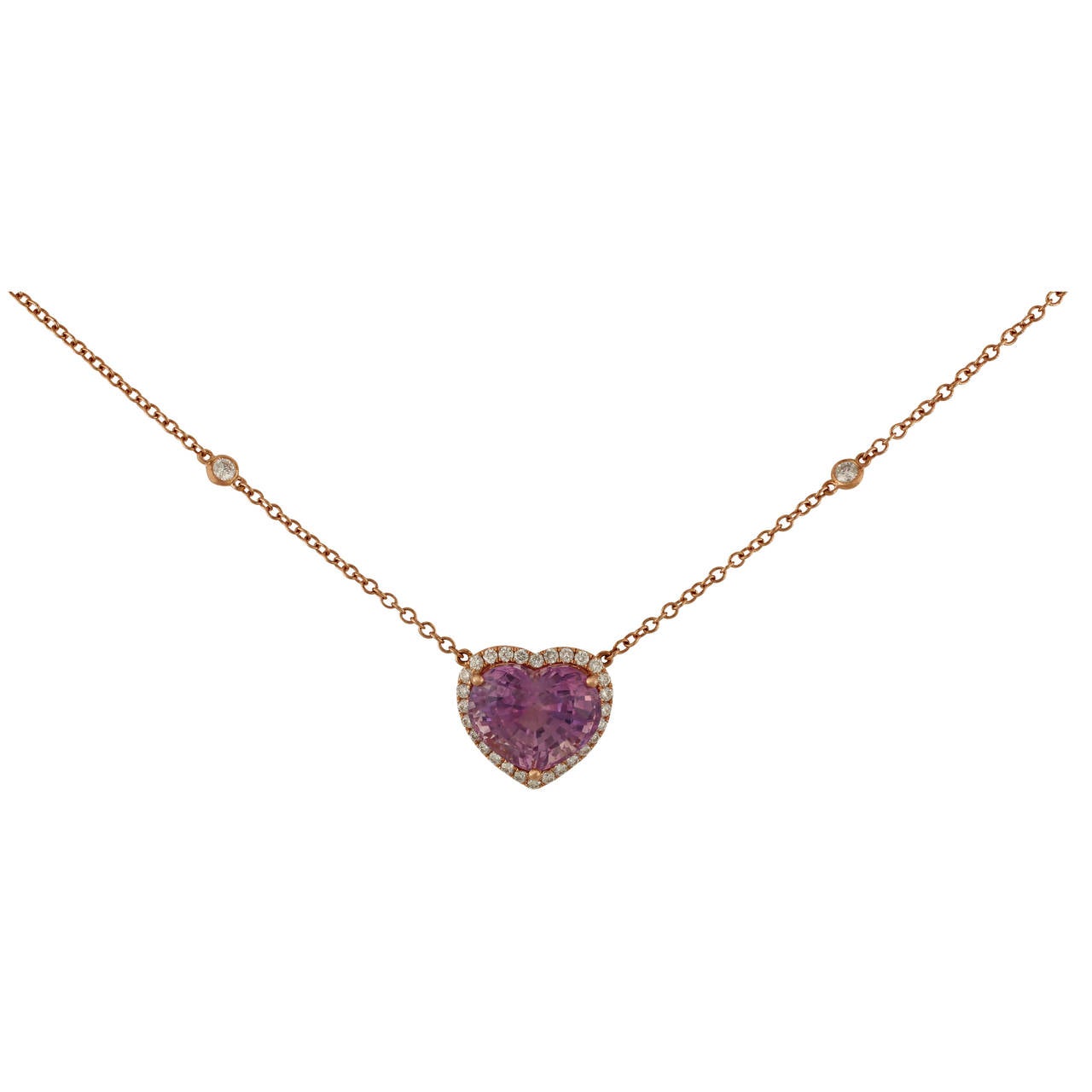 Natural Pink Sapphire Diamond Rose Gold Heart Shaped Necklace In New Condition For Sale In Buffalo Grove, IL