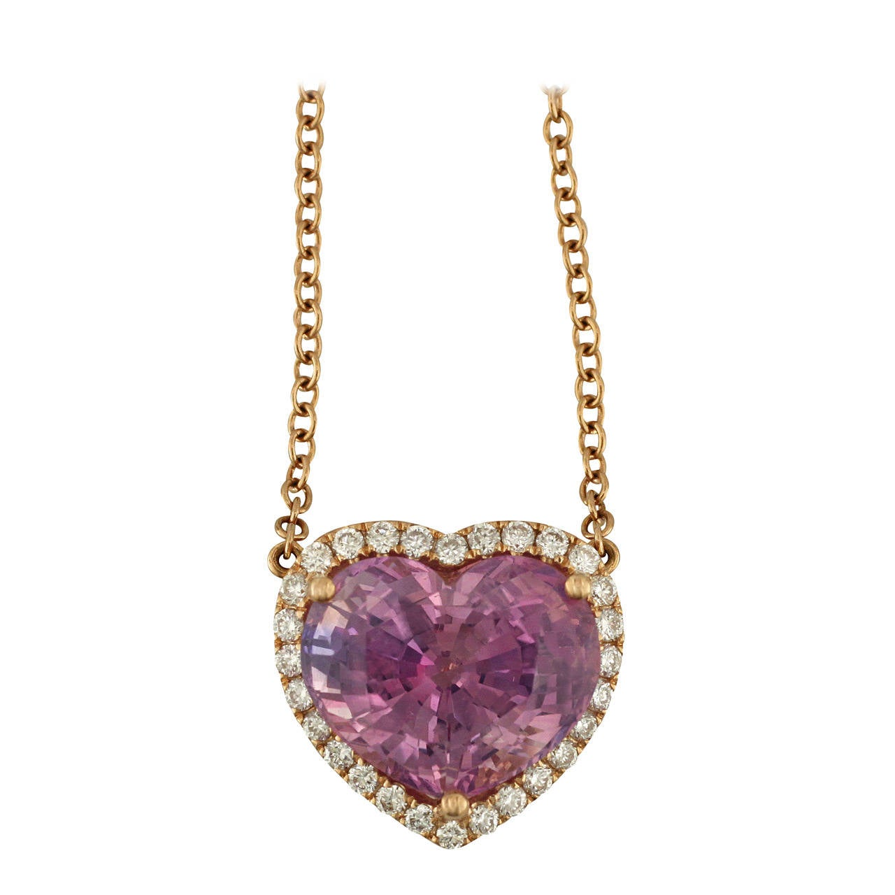 Natural Pink Sapphire Diamond Rose Gold Heart Shaped Necklace For Sale