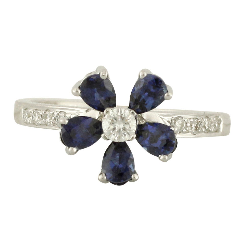 Blue Sapphire And Diamond Floral Ring
